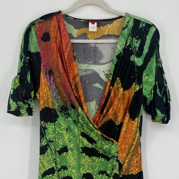 VIVIENNE TAM Size Large Green Abstract Splatter Print 100% Silk Faux Wrap Dress - Picture 4 of 10